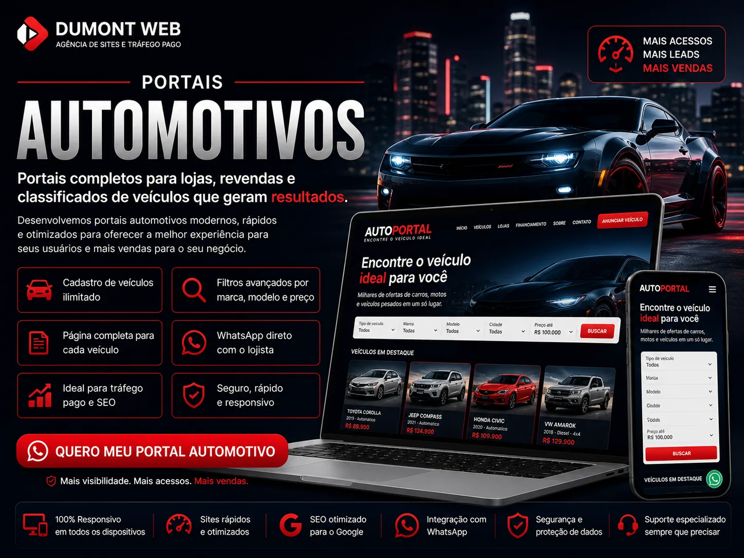 Mockup de Portais Automotivos — multi-veículos (carros, motos, pesados, náutica) — Dumont Web
