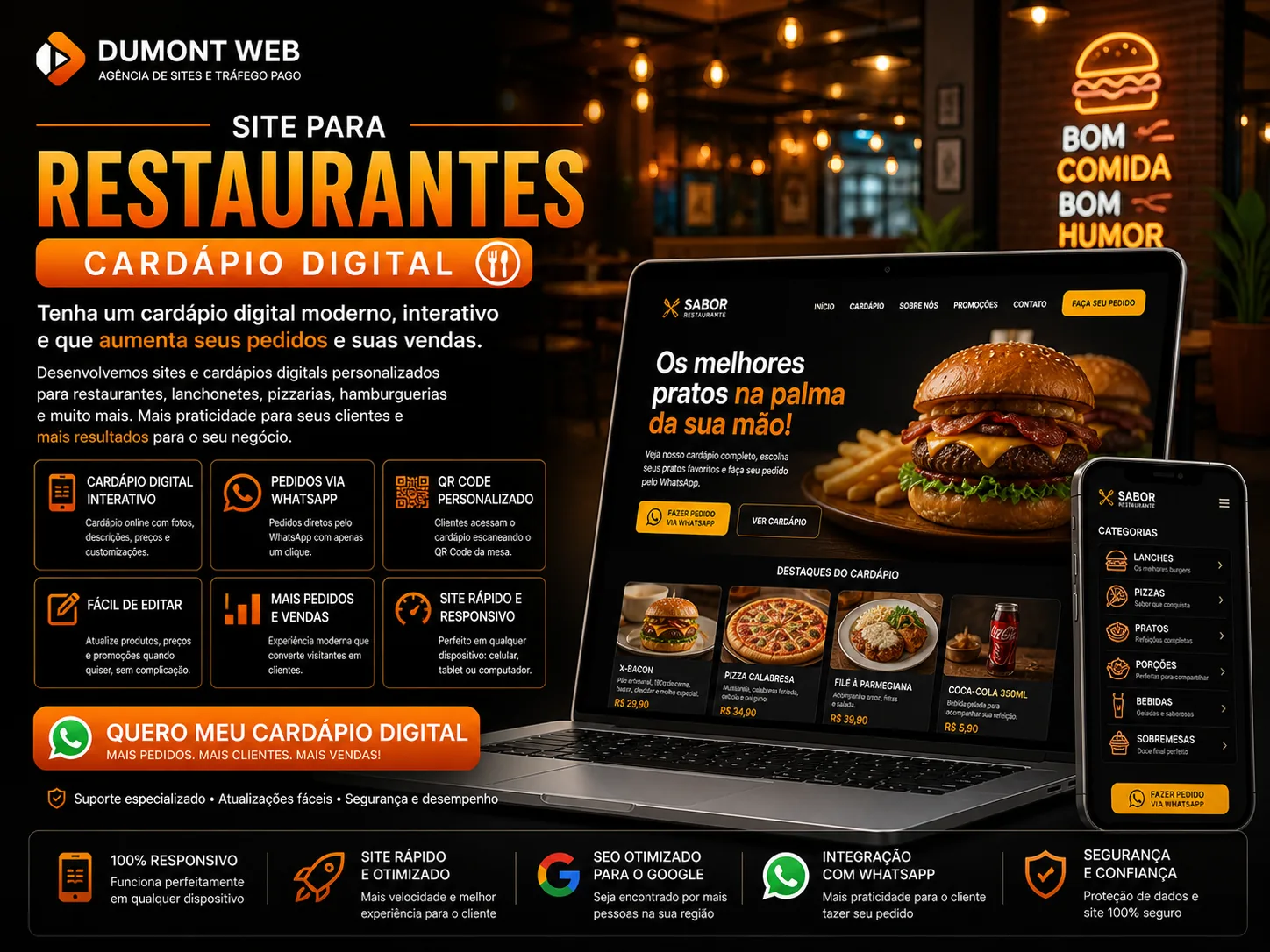 Mockup de Cardápio Digital pra Restaurantes (com pedidos via WhatsApp + QR) — Dumont Web